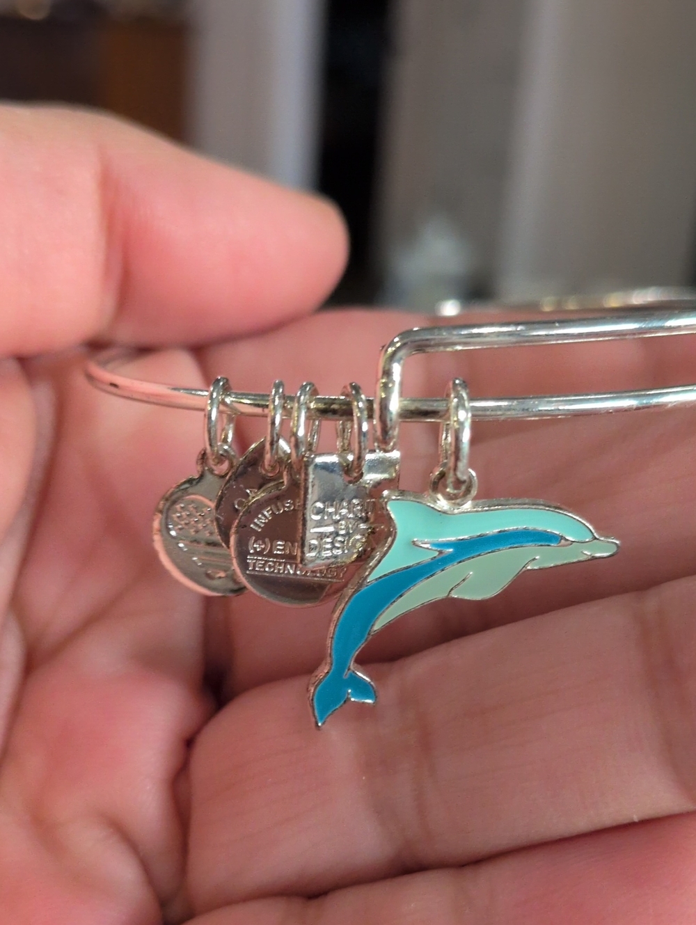 Alex and Ani Silver Dolphin Charm Bangle with Aqua and Teal Enamel‎